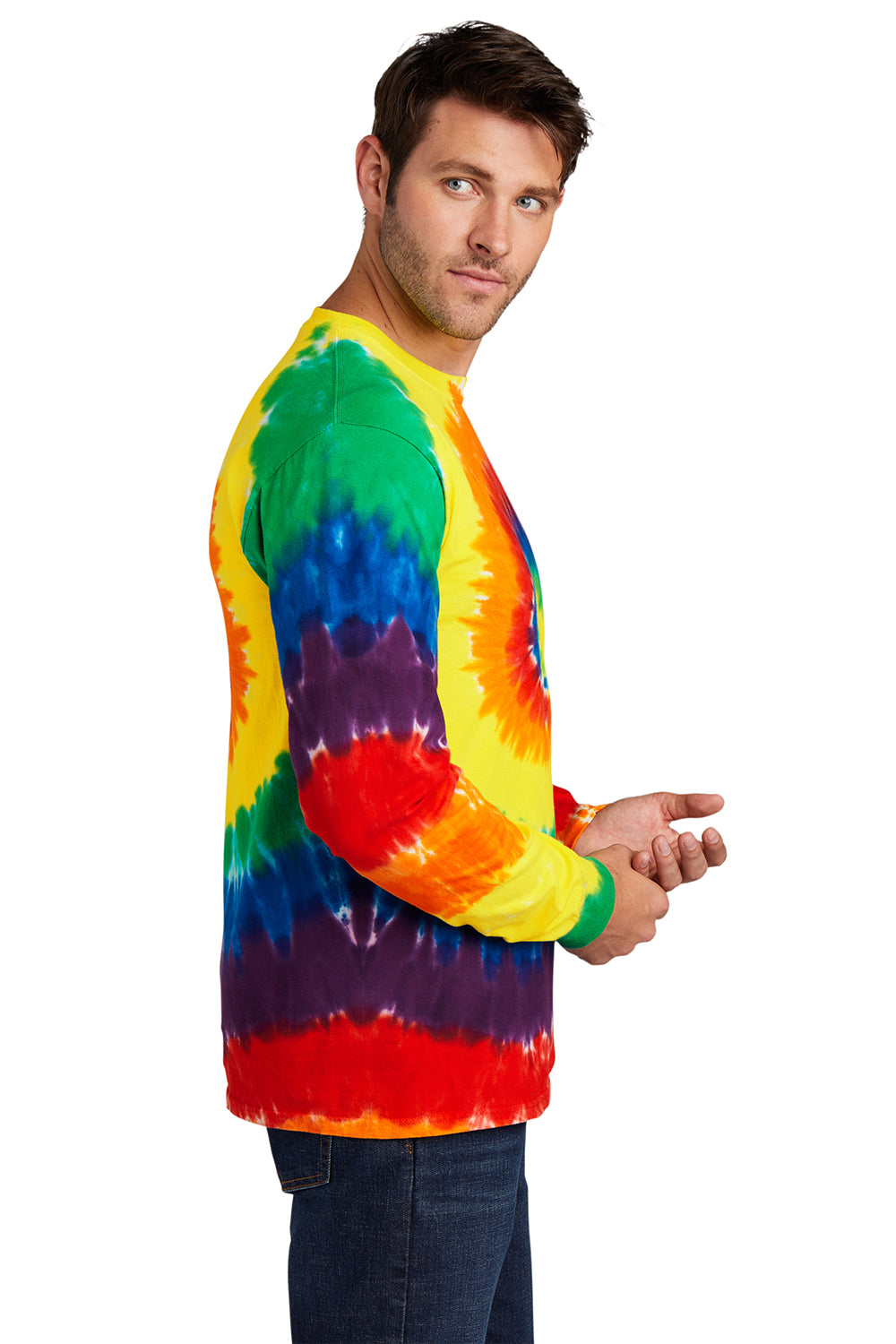 Port & Company PC147LS Mens Tie-Dye Long Sleeve Crewneck T-Shirt Rainbow Model Side