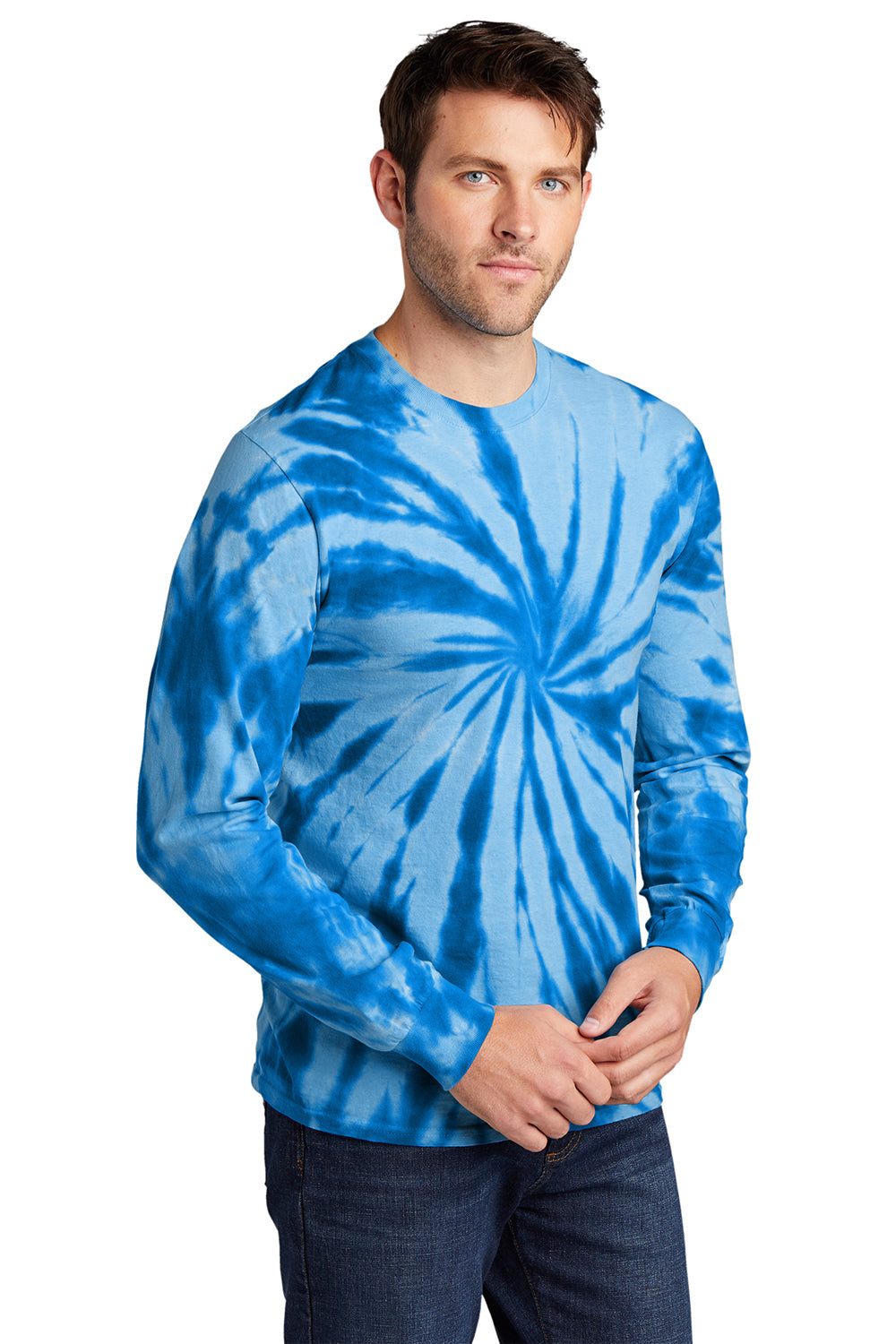 Port & Company PC147LS Mens Tie-Dye Long Sleeve Crewneck T-Shirt Royal Blue Model 3q