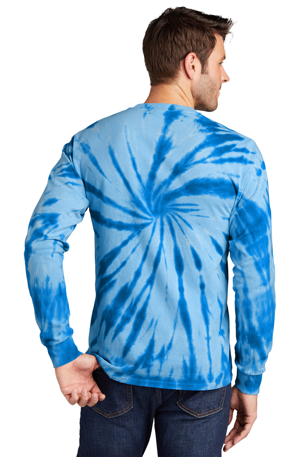 Port & Company PC147LS Mens Tie-Dye Long Sleeve Crewneck T-Shirt Royal Blue Model Back