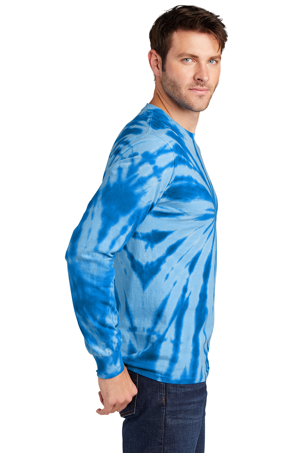 Port & Company PC147LS Mens Tie-Dye Long Sleeve Crewneck T-Shirt Royal Blue Model Side