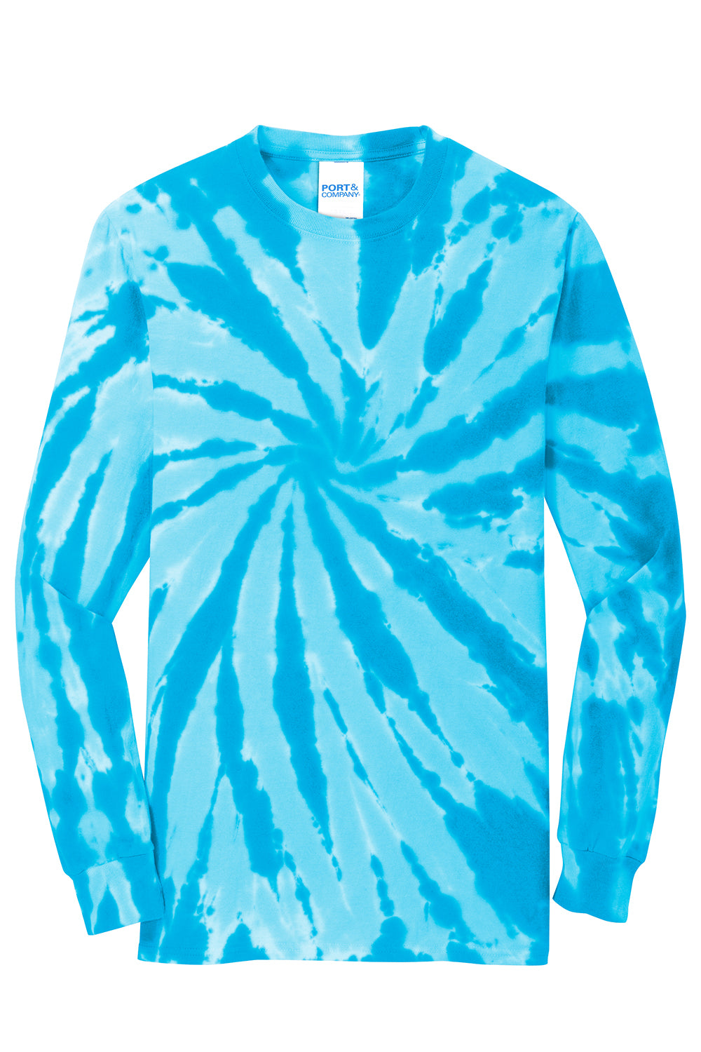 Port & Company PC147LS Mens Tie-Dye Long Sleeve Crewneck T-Shirt Turquoise Blue Flat Front