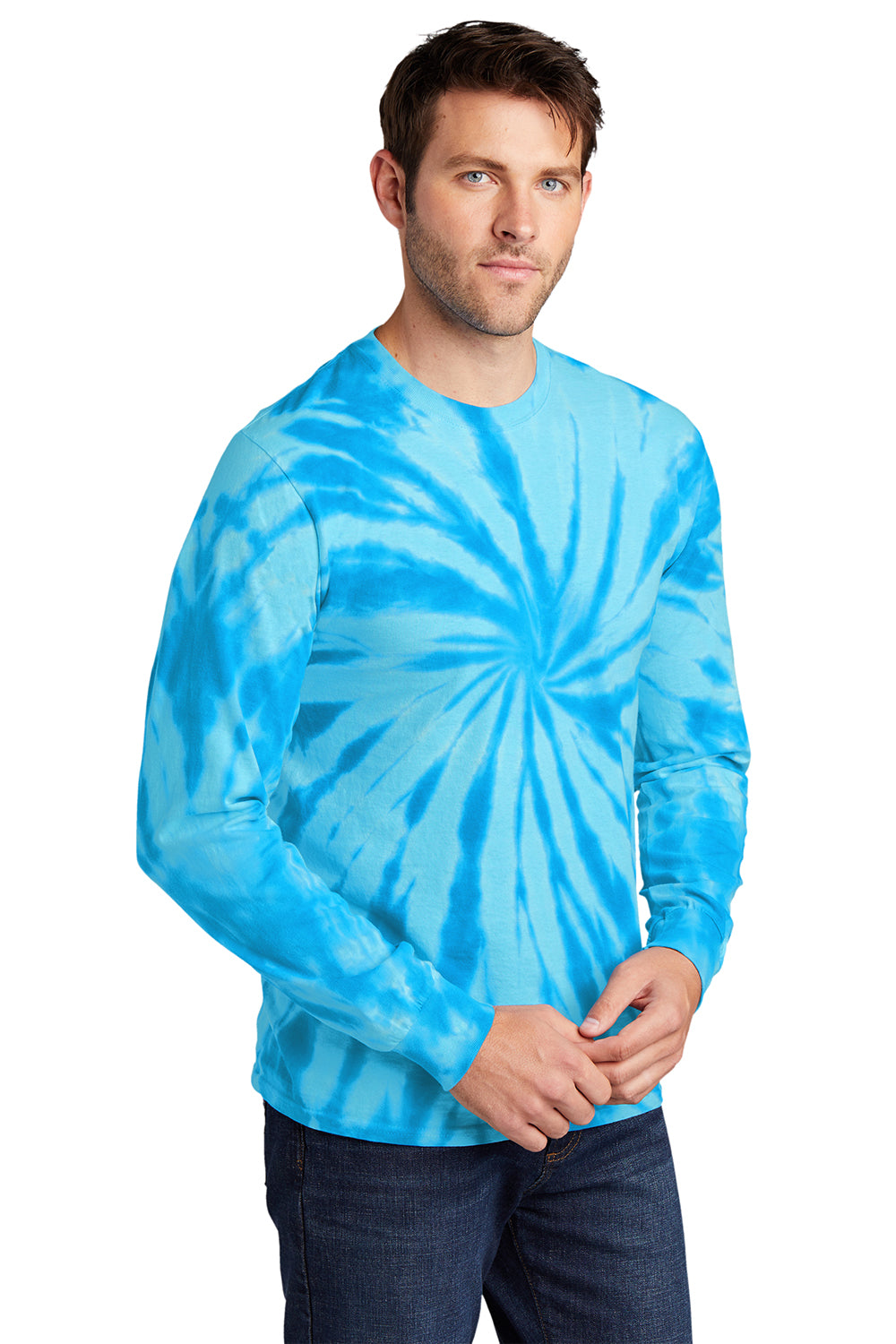 Port & Company PC147LS Mens Tie-Dye Long Sleeve Crewneck T-Shirt Turquoise Blue Model 3q