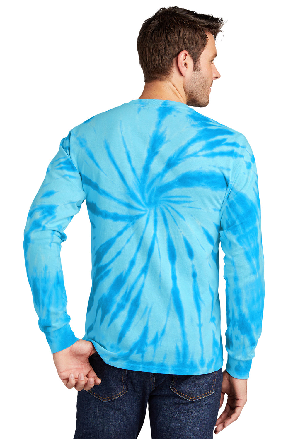 Port & Company PC147LS Mens Tie-Dye Long Sleeve Crewneck T-Shirt Turquoise Blue Model Back