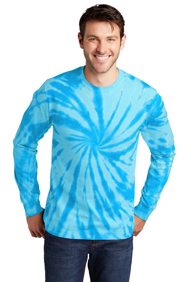 Port & Company PC147LS Mens Tie-Dye Long Sleeve Crewneck T-Shirt Turquoise Blue Model Front