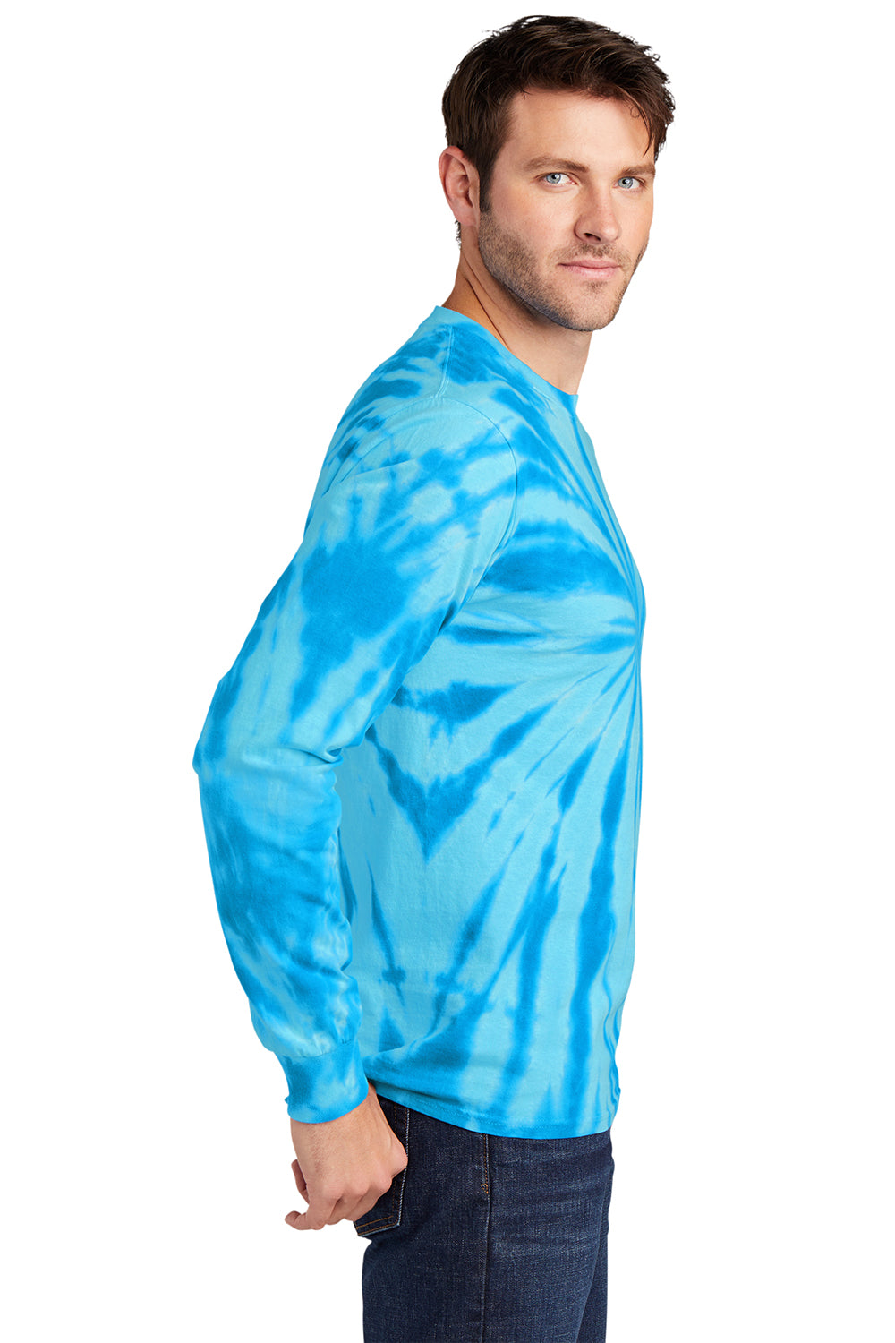 Port & Company PC147LS Mens Tie-Dye Long Sleeve Crewneck T-Shirt Turquoise Blue Model Side