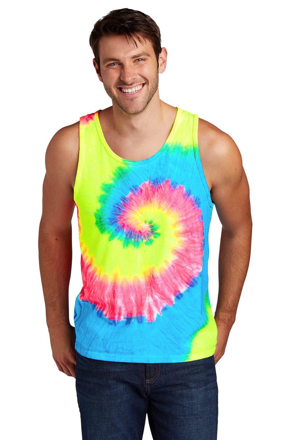 Port & Company PC147TT Mens Tie-Dye Tank Top Neon Rainbow Model Front