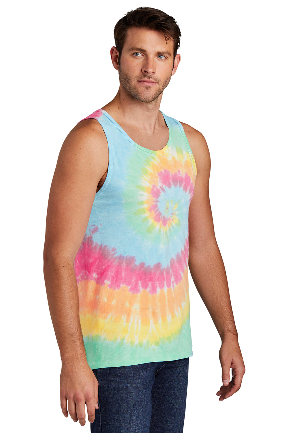 Port & Company PC147TT Mens Tie-Dye Tank Top Pastel Rainbow Model 3q