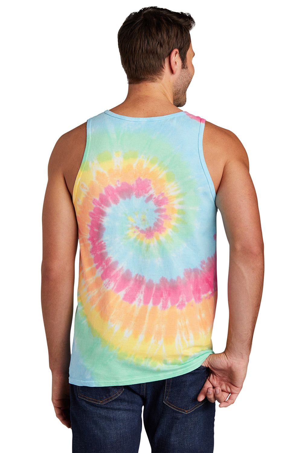 Port & Company PC147TT Mens Tie-Dye Tank Top Pastel Rainbow Model Back