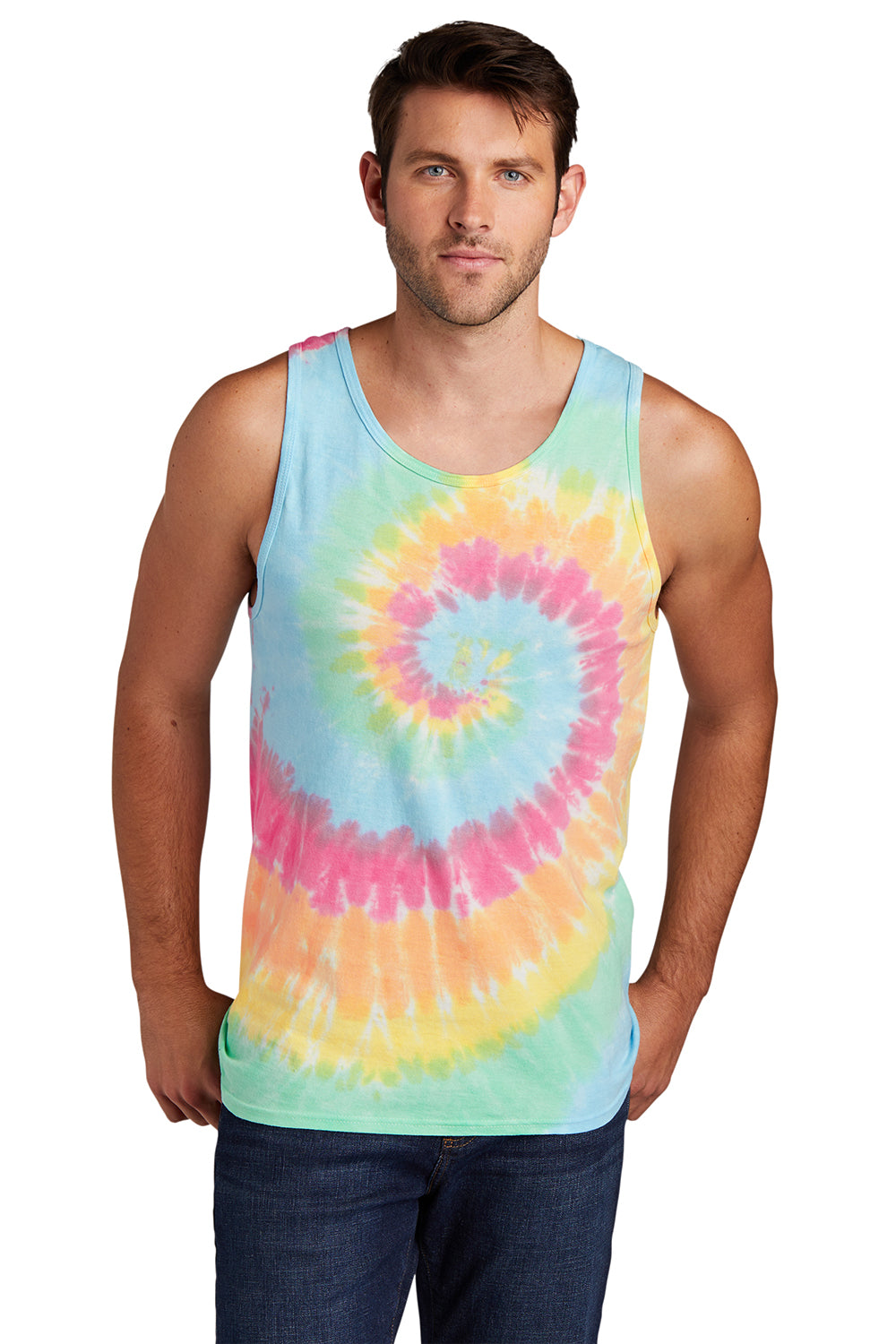 Port & Company PC147TT Mens Tie-Dye Tank Top Pastel Rainbow Model Front