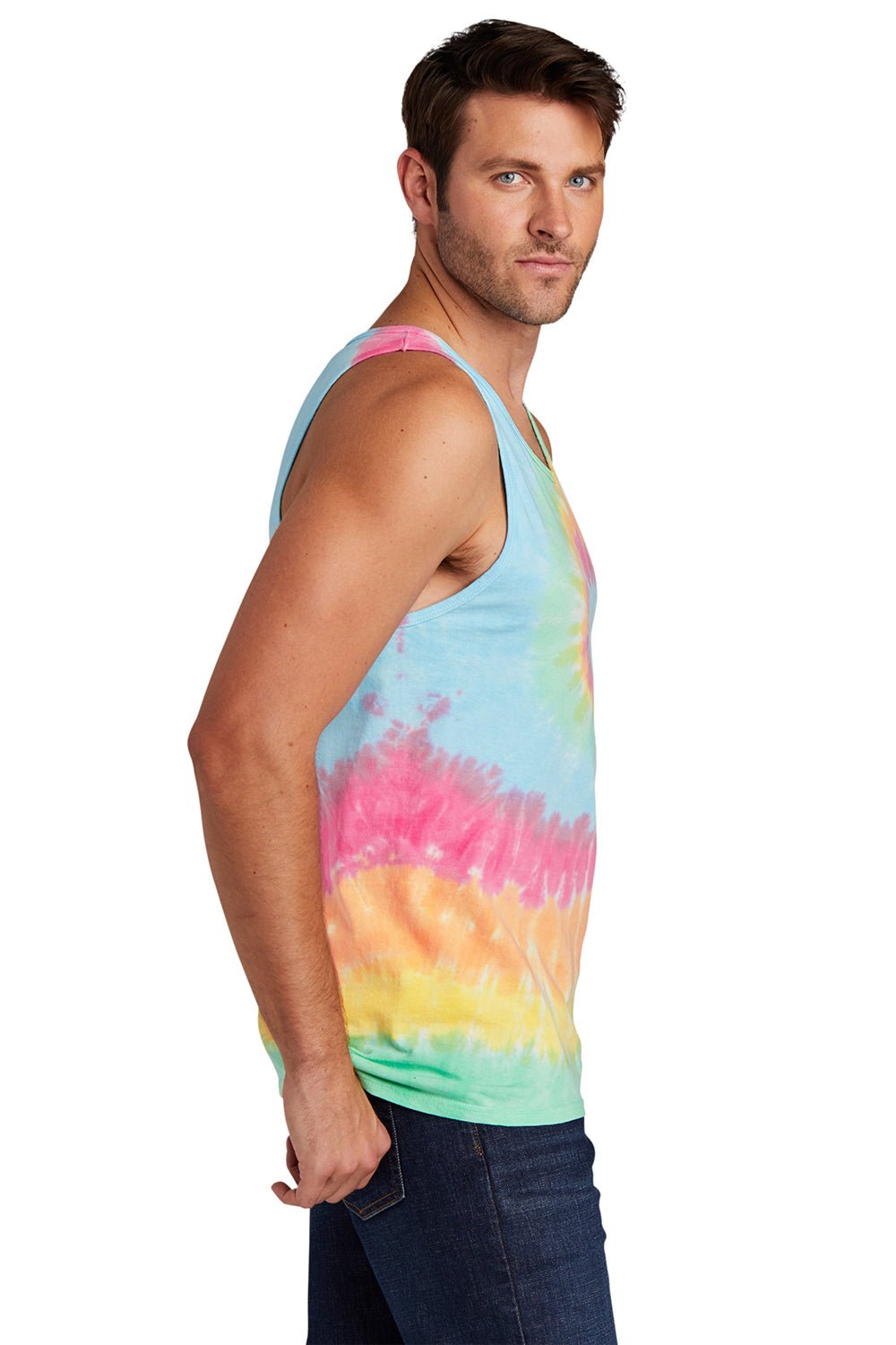 Port & Company PC147TT Mens Tie-Dye Tank Top Pastel Rainbow Model Side