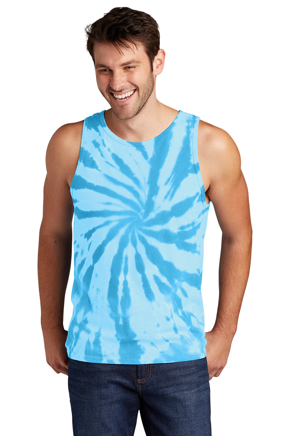 Port & Company PC147TT Mens Tie-Dye Tank Top Turquoise Blue Model Front