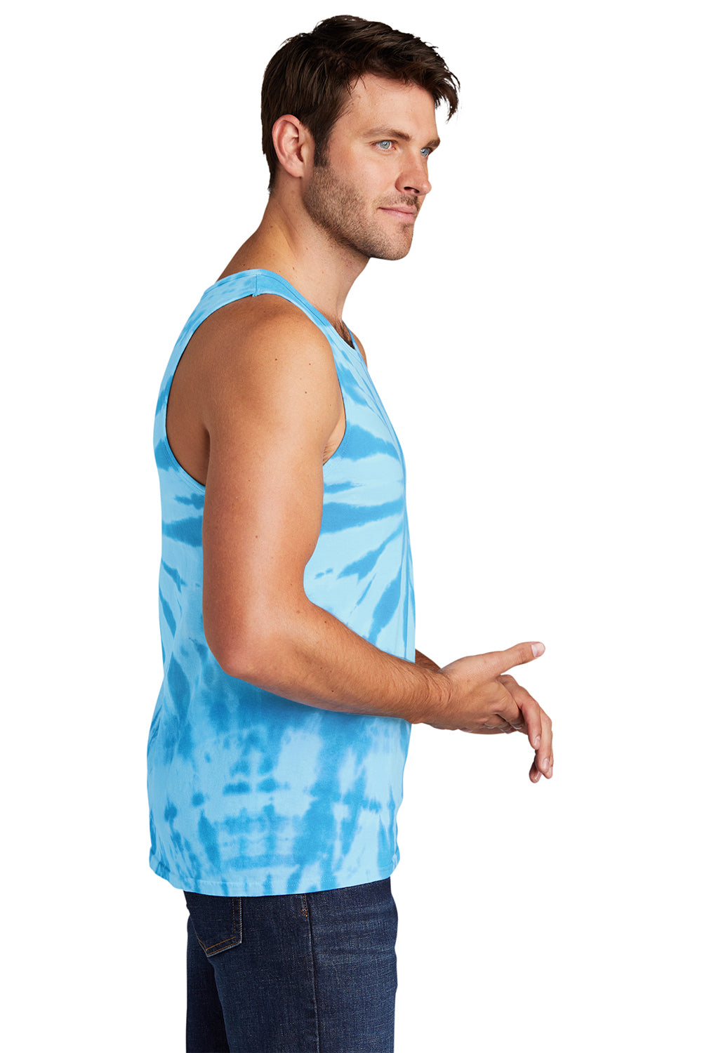 Port & Company PC147TT Mens Tie-Dye Tank Top Turquoise Blue Model Side