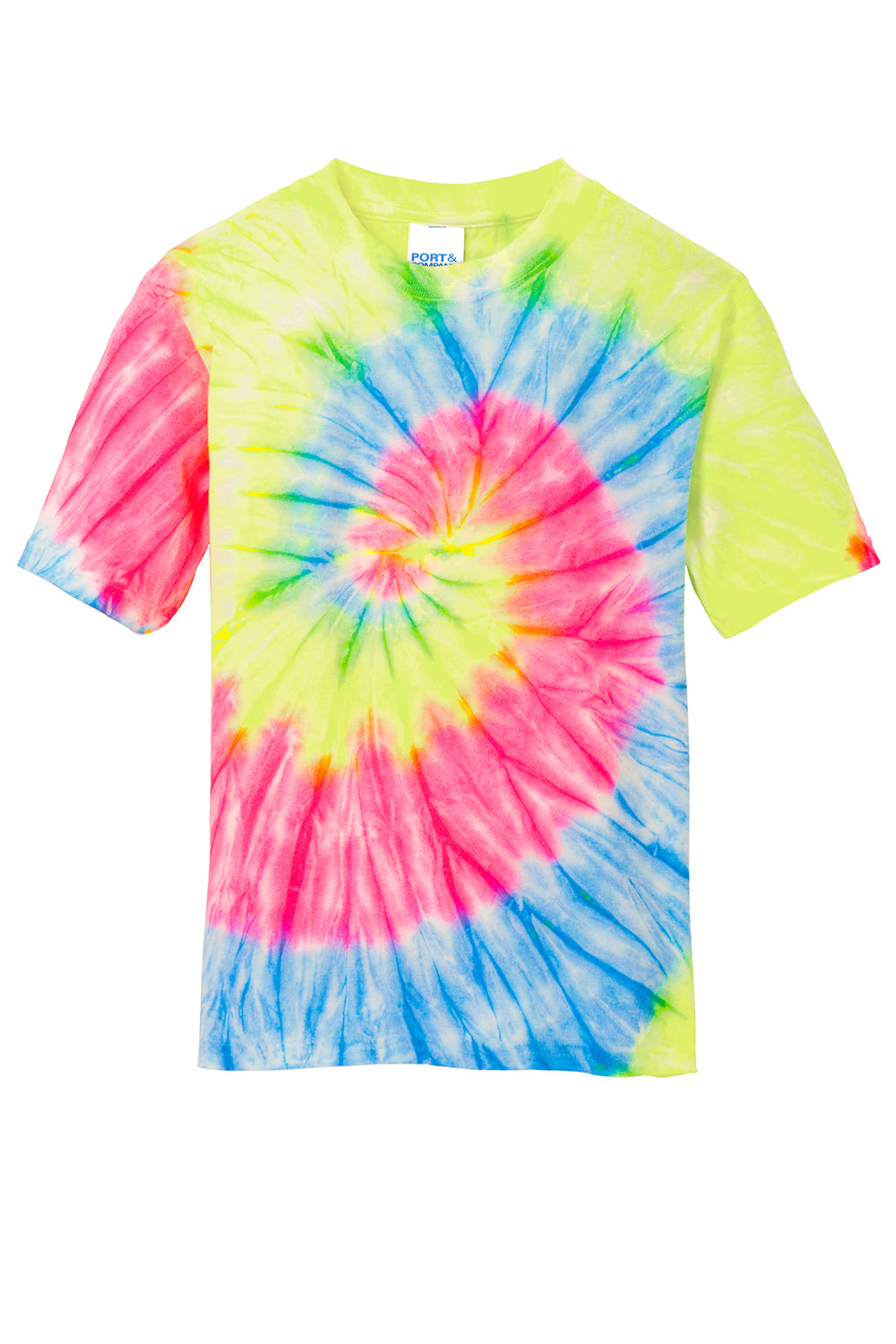 Port & Company PC147Y Youth Tie-Dye Short Sleeve Crewneck T-Shirt Neon Rainbow Flat Front