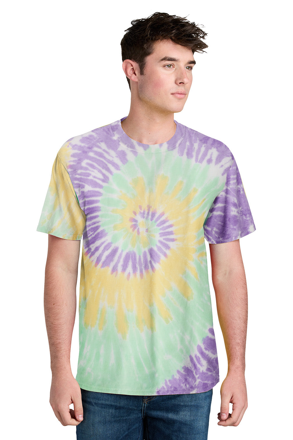 Port & Company PC147 Mens Tie-Dye Short Sleeve Crewneck T-Shirt Mint Rainbow Model Front