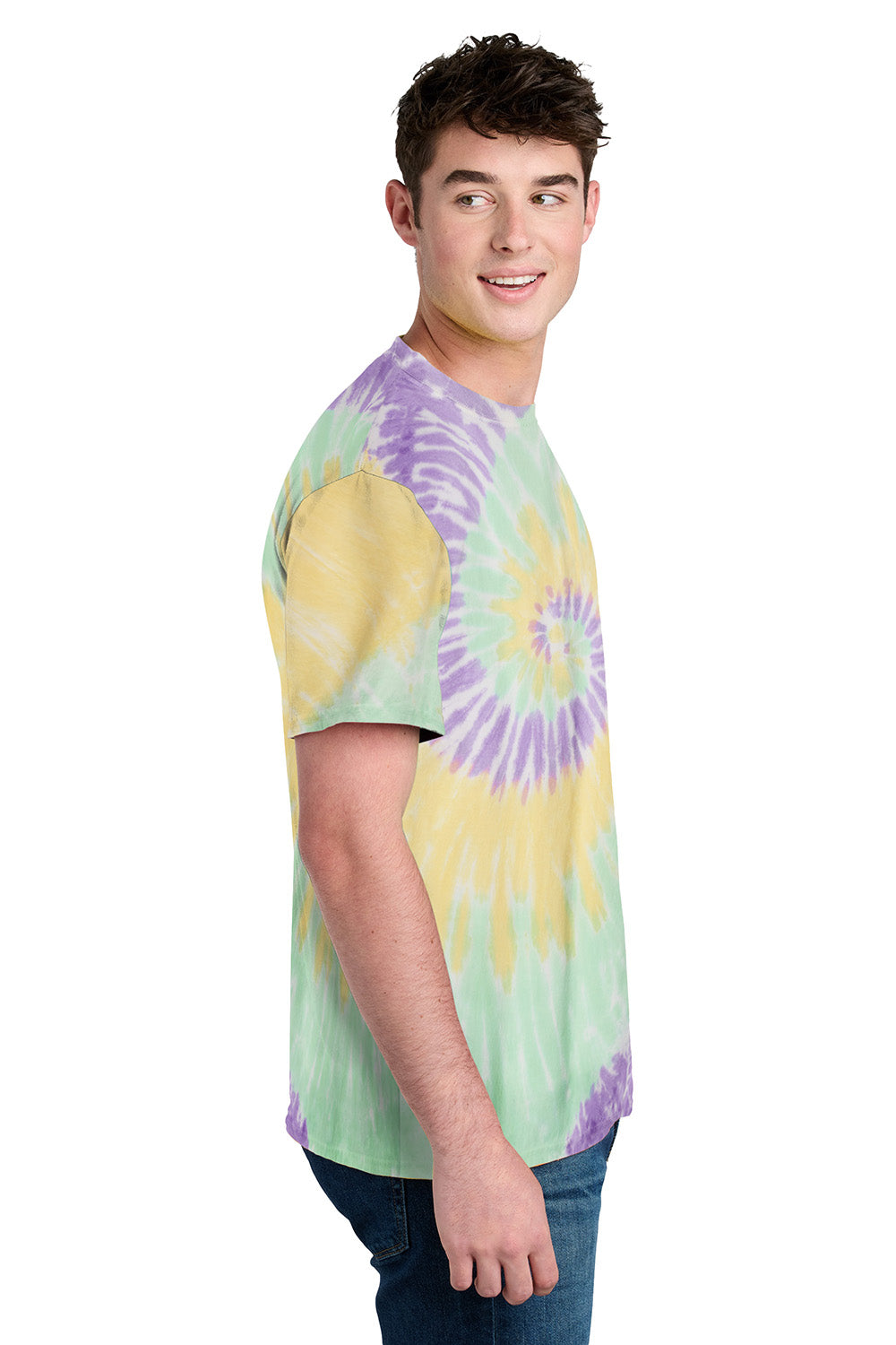 Port & Company PC147 Mens Tie-Dye Short Sleeve Crewneck T-Shirt Mint Rainbow Model Side