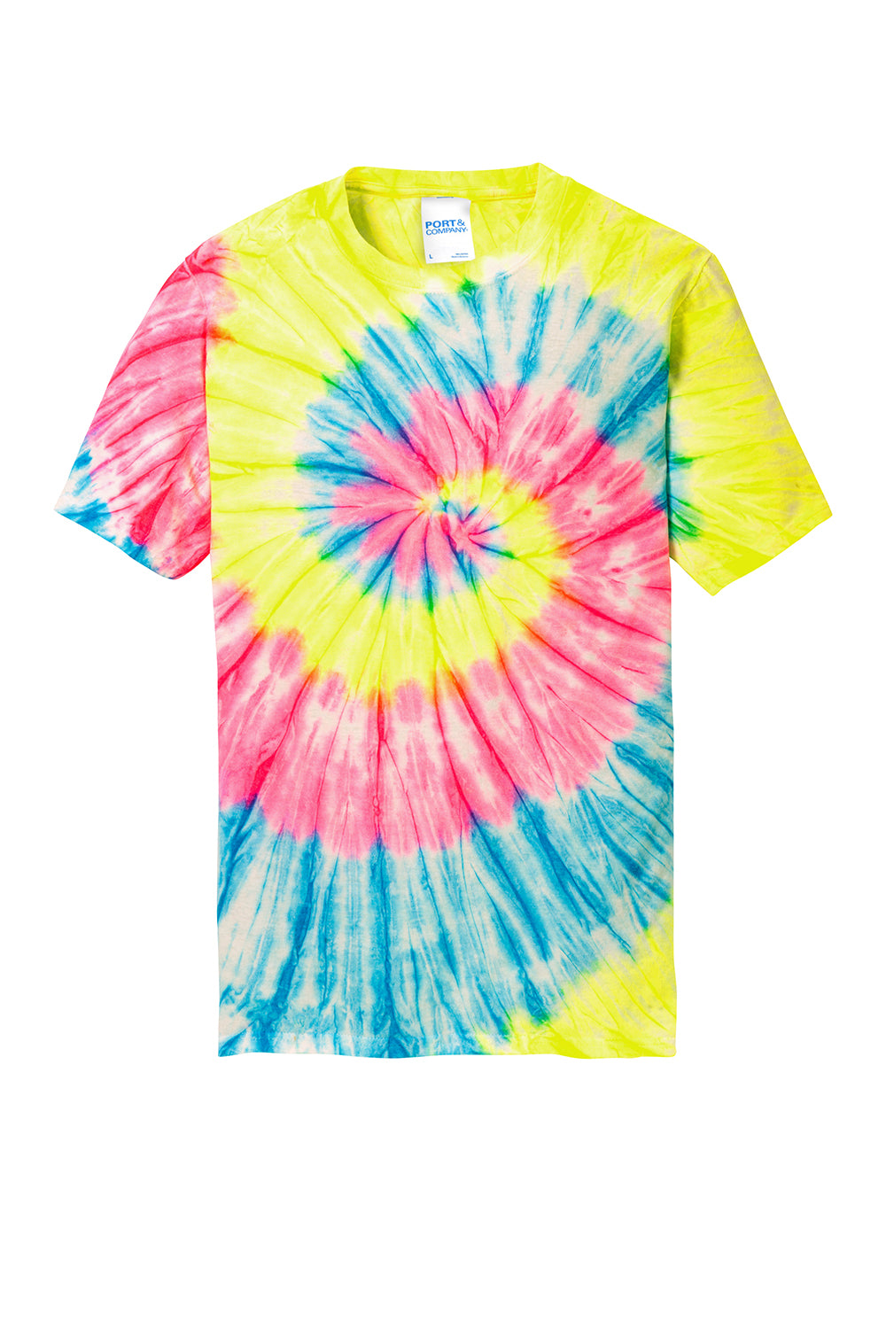 Port & Company PC147 Mens Tie-Dye Short Sleeve Crewneck T-Shirt Neon Rainbow Flat Front