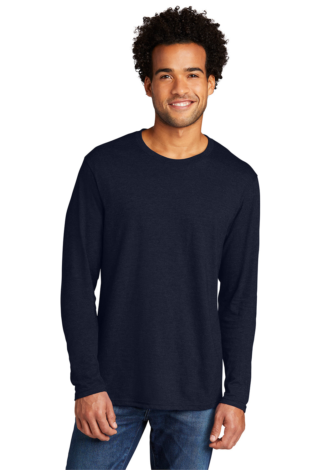 Port & Company PC330LS Mens Long Sleeve Crewneck T-Shirt Deep Navy Blue Model Front