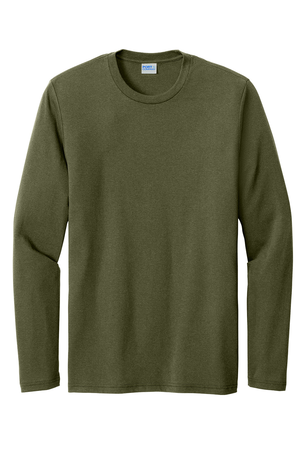 Port & Company PC330LS Mens Long Sleeve Crewneck T-Shirt Heather Military Green Flat Front