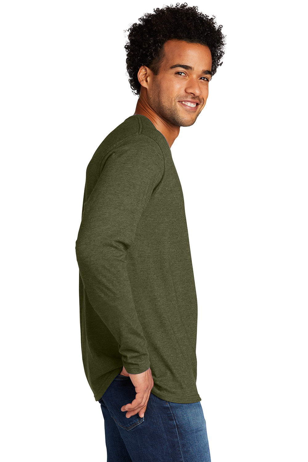 Port & Company PC330LS Mens Long Sleeve Crewneck T-Shirt Heather Military Green Model Side