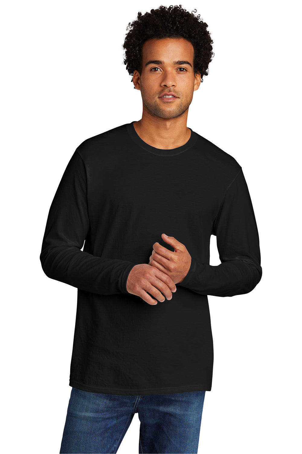 Port & Company PC330LS Mens Long Sleeve Crewneck T-Shirt Black Model Front