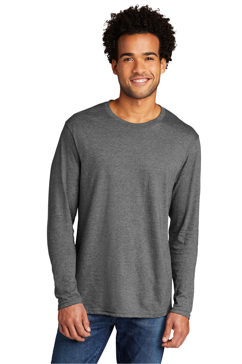 Port & Company PC330LS Mens Long Sleeve Crewneck T-Shirt Heather Graphite Grey Model Front