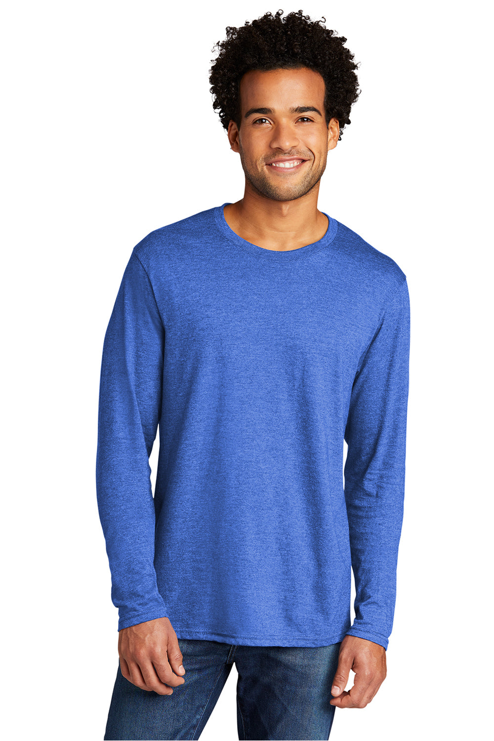 Port & Company PC330LS Mens Long Sleeve Crewneck T-Shirt Heather Royal Blue Model Front