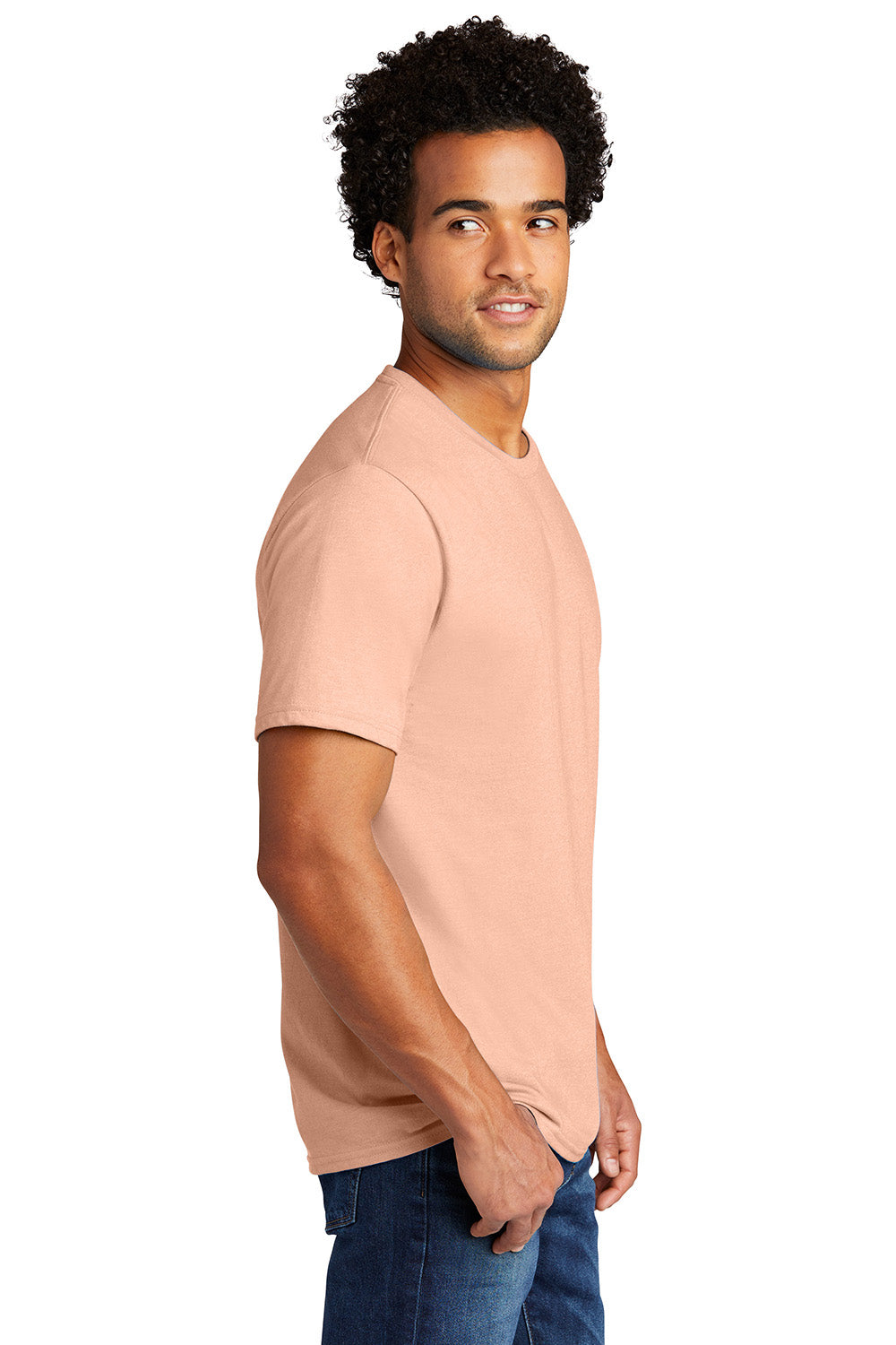 Port & Company PC330 Mens Short Sleeve Crewneck T-Shirt Heather Dusty Peach Model Side