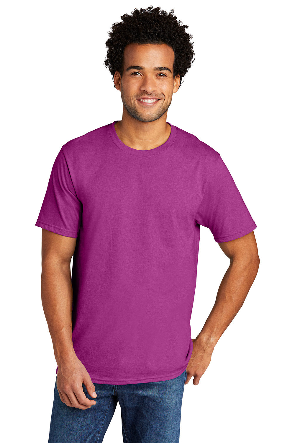 Port & Company PC330 Mens Short Sleeve Crewneck T-Shirt Heather Raspberry Pink Model Front