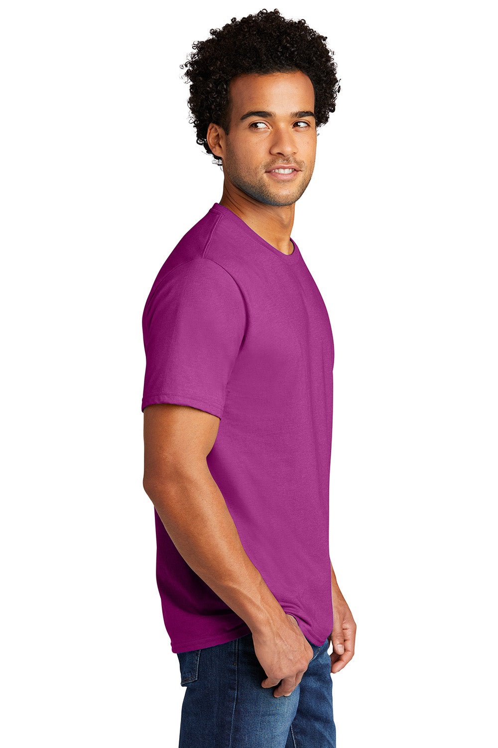 Port & Company PC330 Mens Short Sleeve Crewneck T-Shirt Heather Raspberry Pink Model Side