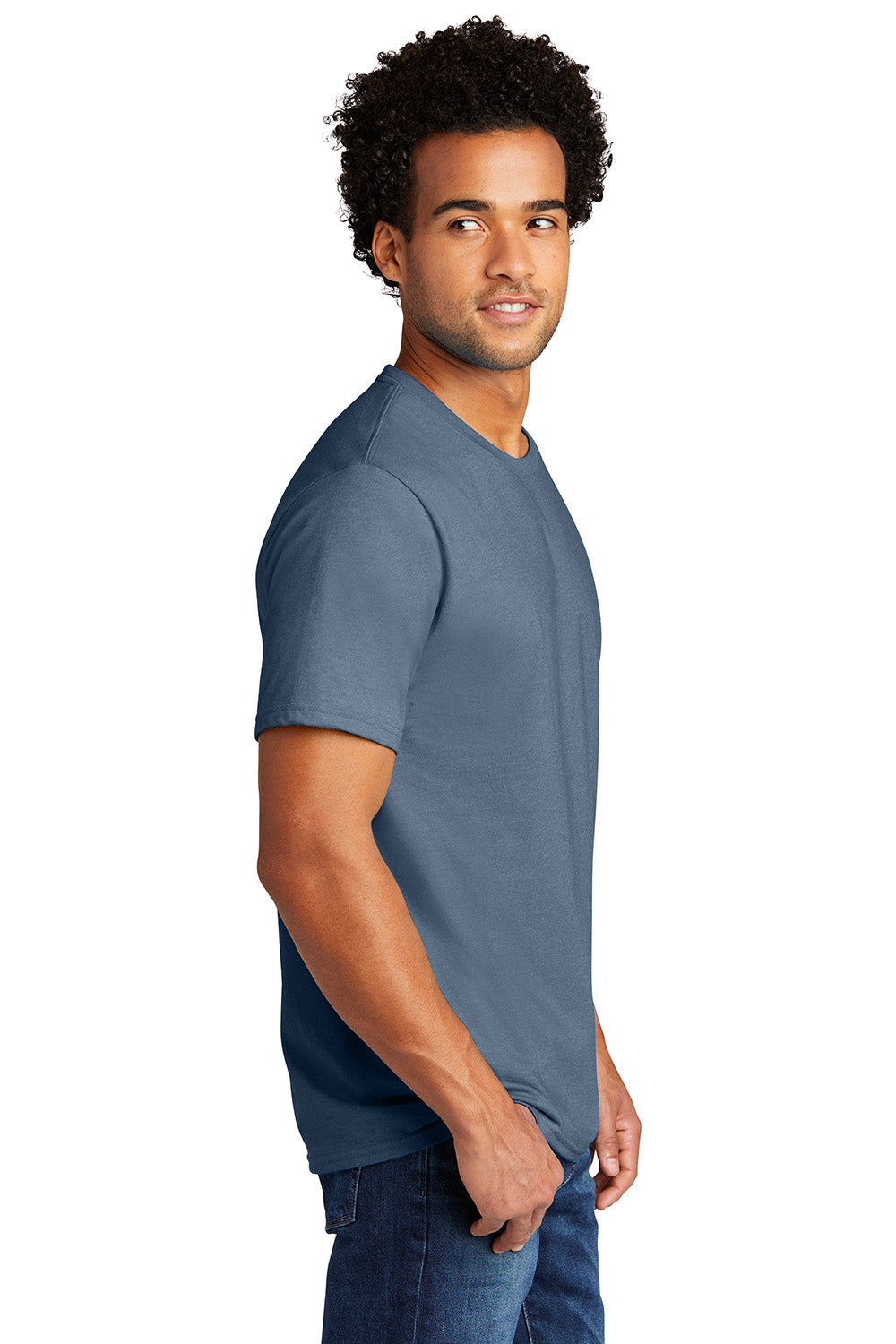 Port & Company PC330 Mens Short Sleeve Crewneck T-Shirt Heather Steel Blue Model Side