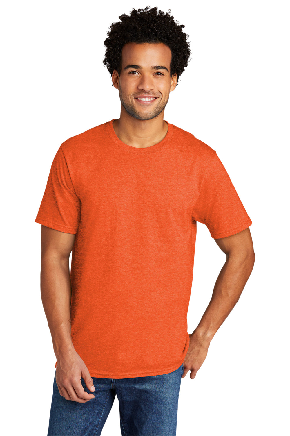 Port & Company PC330 Mens Short Sleeve Crewneck T-Shirt Heather Deep Orange Model Front