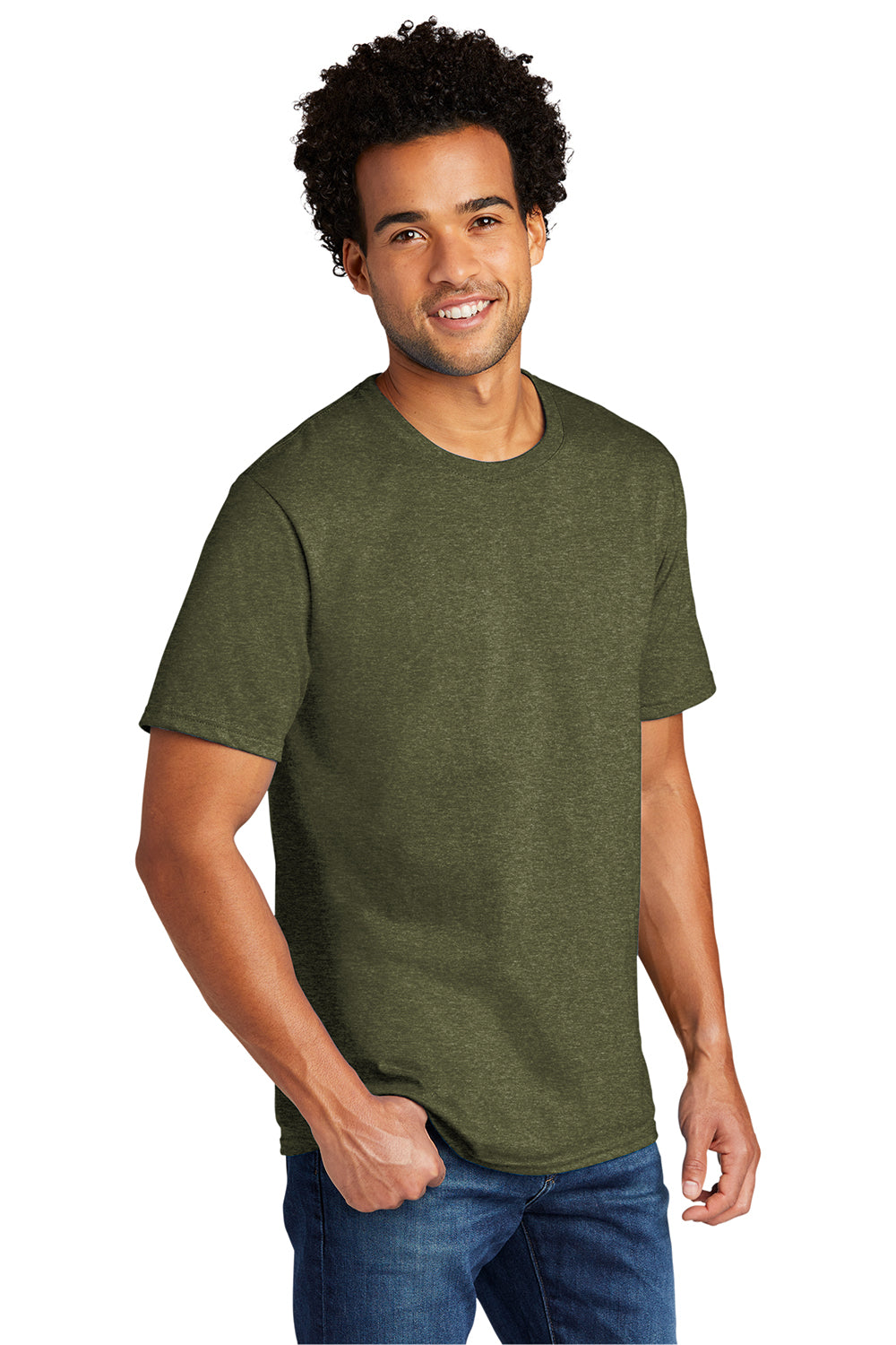 Port & Company PC330 Mens Short Sleeve Crewneck T-Shirt Heather Military Green Model 3q