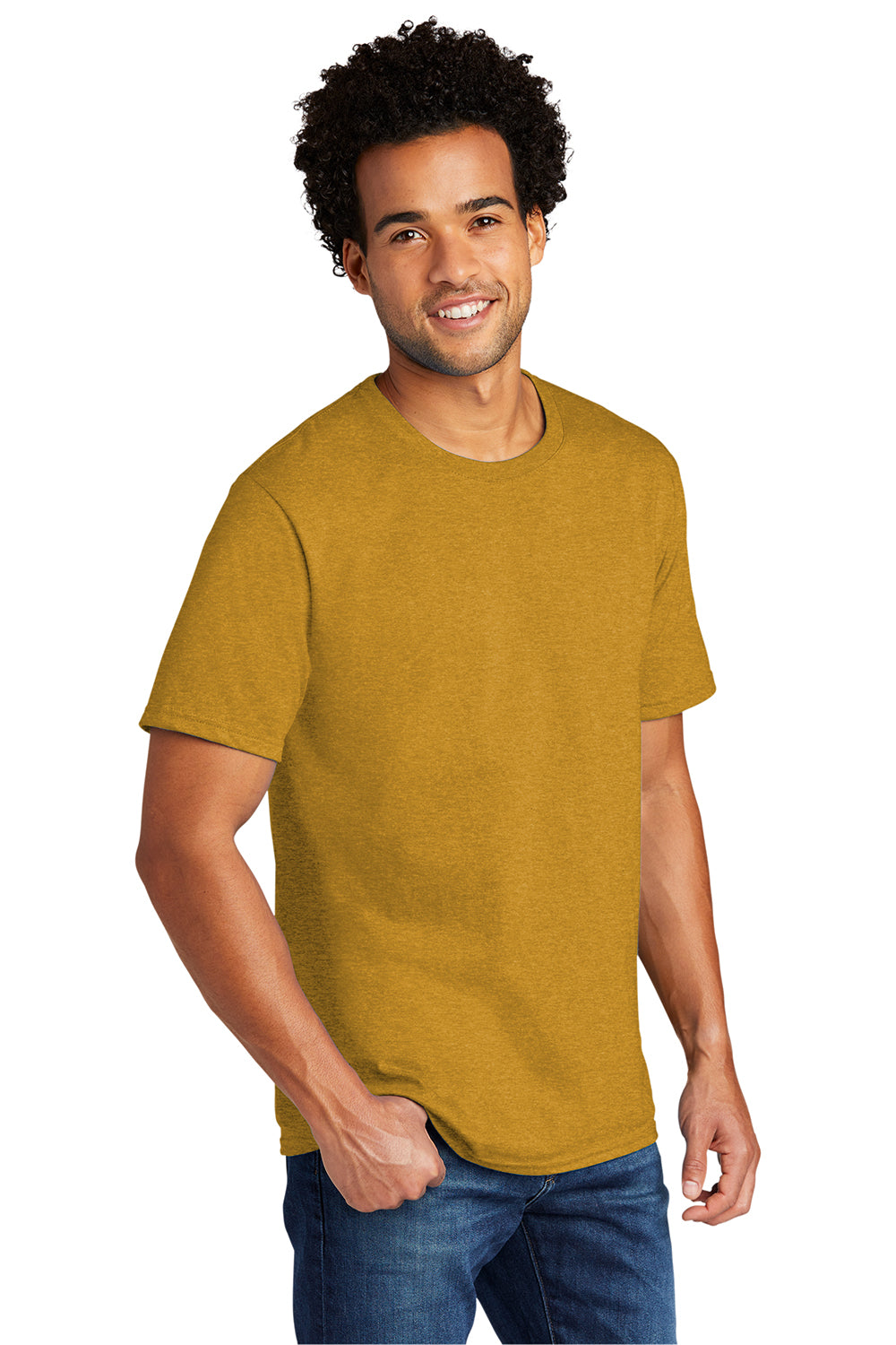 Port & Company PC330 Mens Short Sleeve Crewneck T-Shirt Heather Ochre Yellow Model 3q