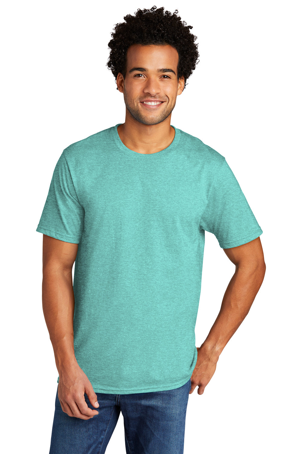 Port & Company PC330 Mens Short Sleeve Crewneck T-Shirt Heather Vivid Teal Green Model Front