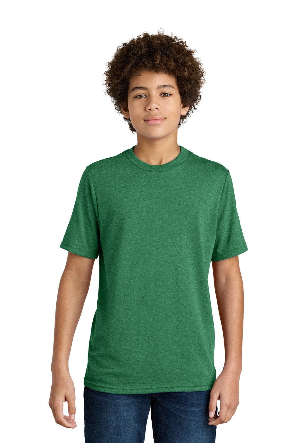 Port & Company PC340Y Youth CVC Short Sleeve Crewneck T-Shirt Heather Athletic Kelly Green Model Front