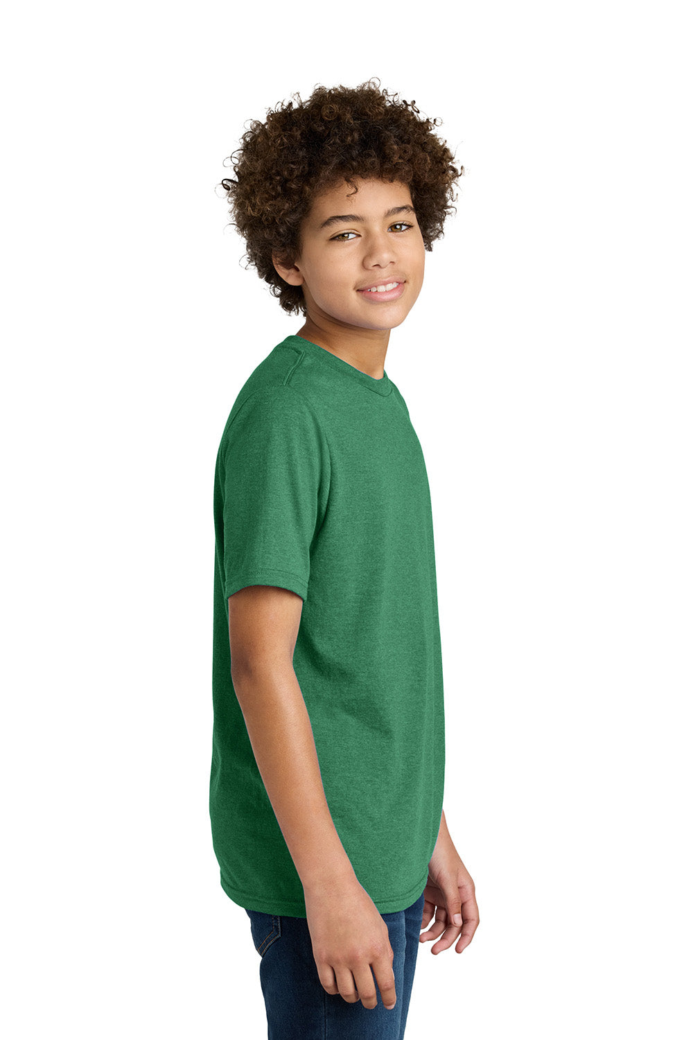 Port & Company PC340Y Youth CVC Short Sleeve Crewneck T-Shirt Heather Athletic Kelly Green Model Side