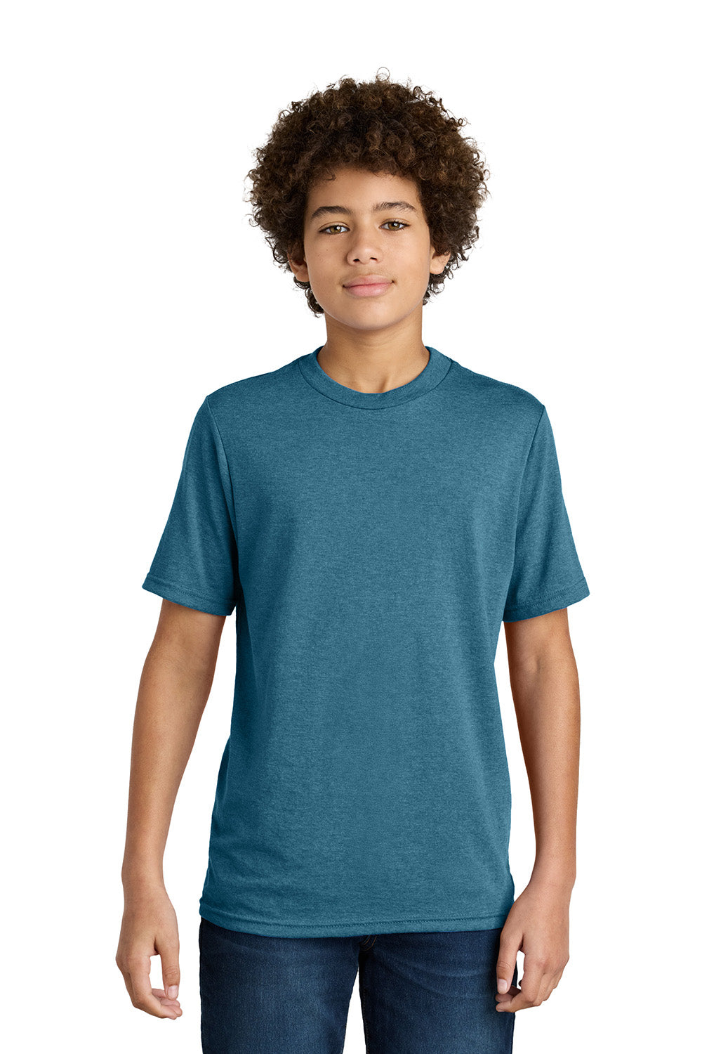 Port & Company PC340Y Youth CVC Short Sleeve Crewneck T-Shirt Heather Mountain Blue Model Front