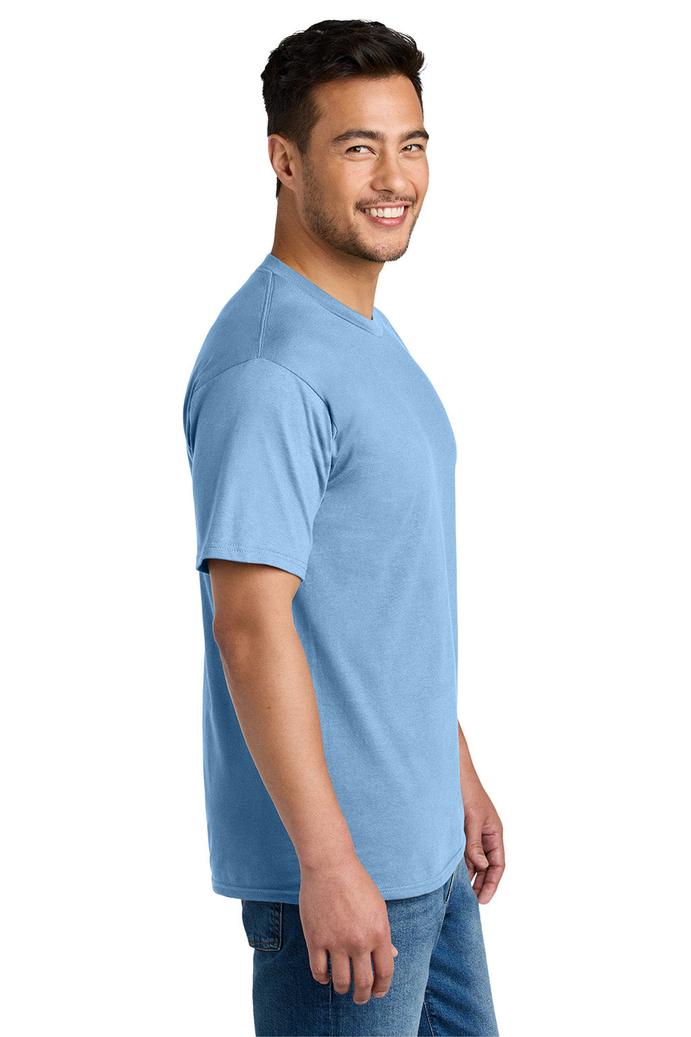 Port & Company PC340 Mens CVC Short Sleeve Crewneck T-Shirt Tundra Blue Model Side