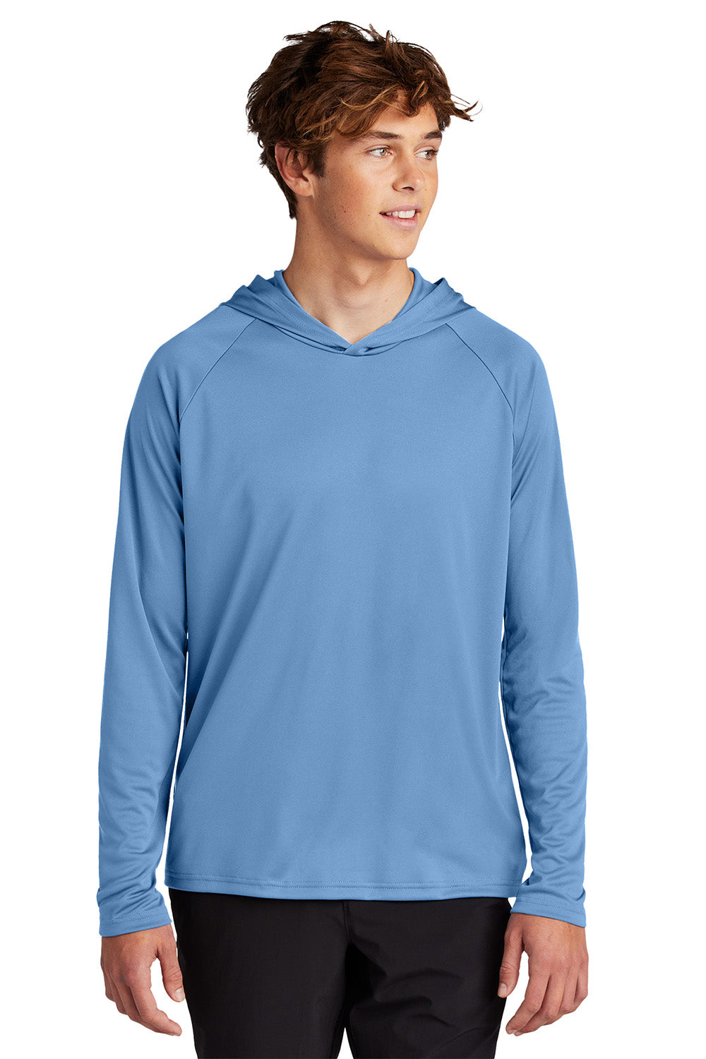 Port & Company PC380H Mens Performance Long Sleeve Hooded T-Shirt Hoodie Carolina Blue Model Front