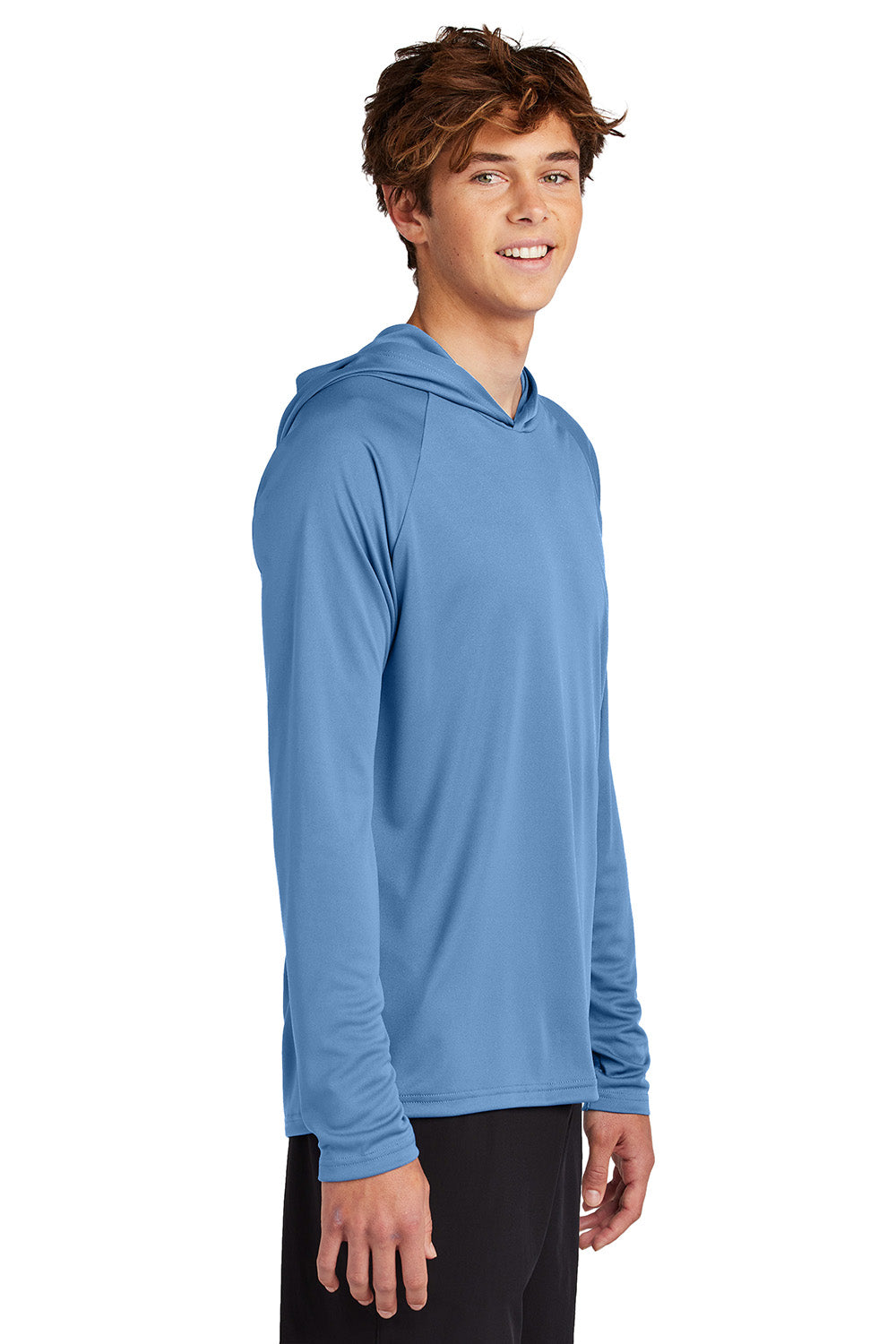 Port & Company PC380H Mens Performance Long Sleeve Hooded T-Shirt Hoodie Carolina Blue Model Side