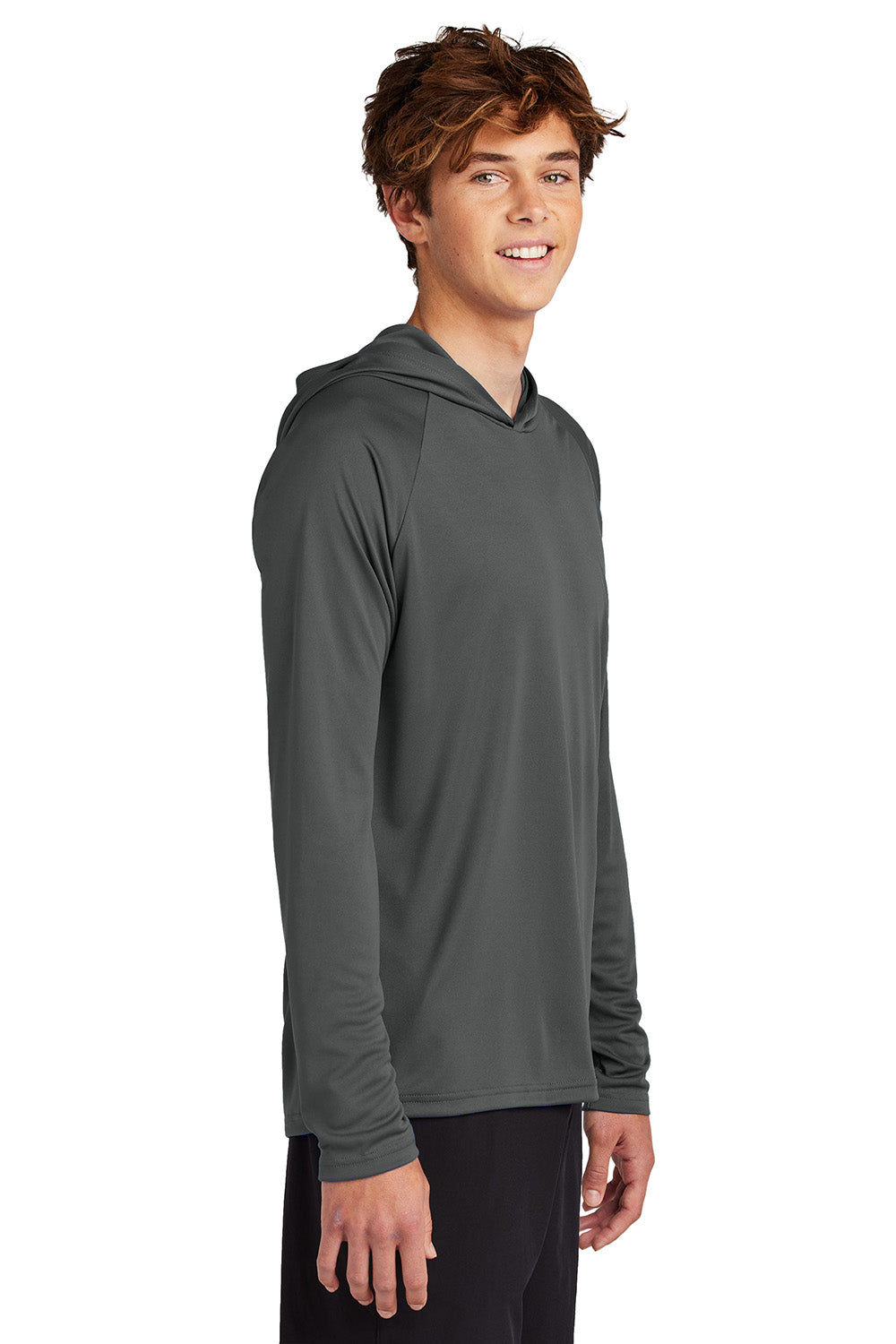 Port & Company PC380H Mens Performance Long Sleeve Hooded T-Shirt Hoodie Charcoal Grey Model Side