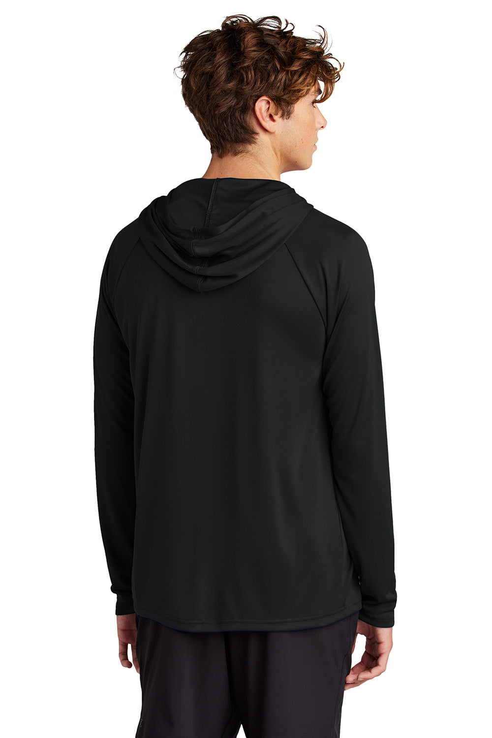 Port & Company PC380H Mens Performance Long Sleeve Hooded T-Shirt Hoodie Jet Black Model Back