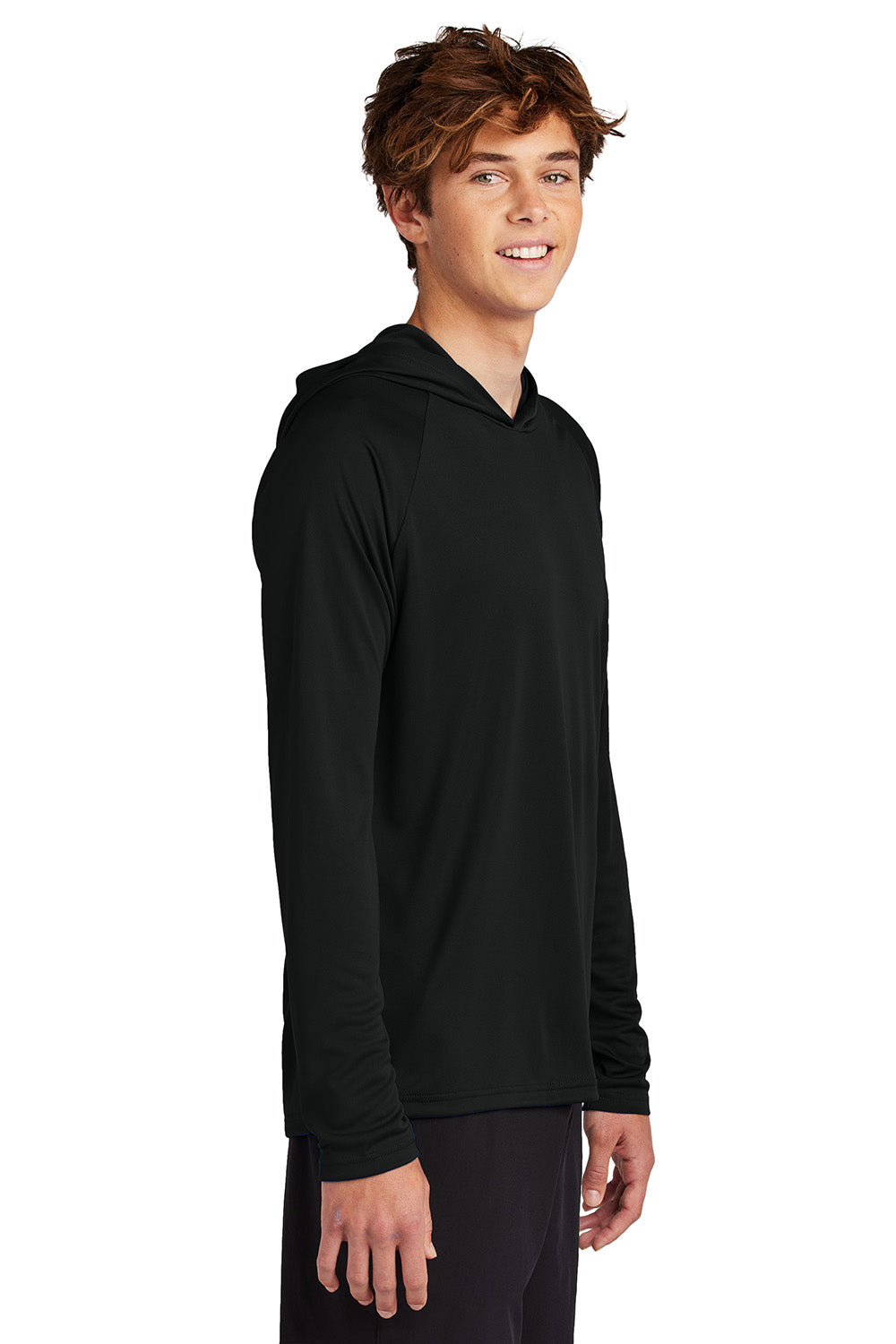 Port & Company PC380H Mens Performance Long Sleeve Hooded T-Shirt Hoodie Jet Black Model Side