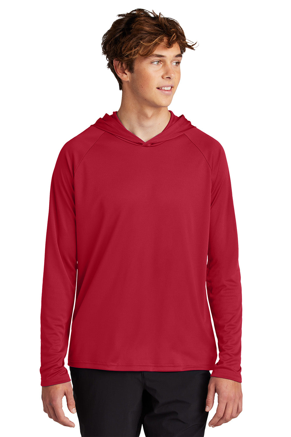 Port & Company PC380H Mens Performance Long Sleeve Hooded T-Shirt Hoodie Red Model Front