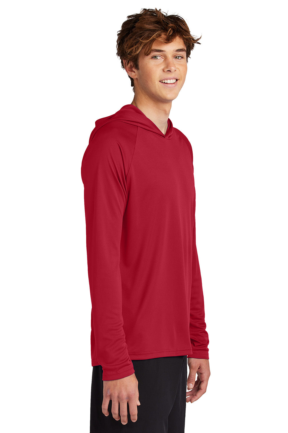 Port & Company PC380H Mens Performance Long Sleeve Hooded T-Shirt Hoodie Red Model Side