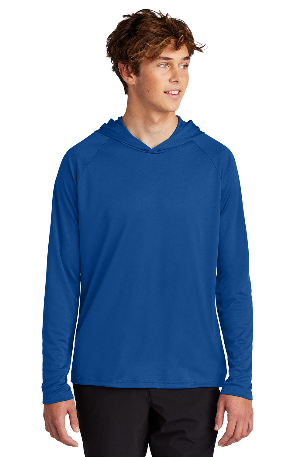 Port & Company PC380H Mens Performance Long Sleeve Hooded T-Shirt Hoodie True Royal Blue Model Front