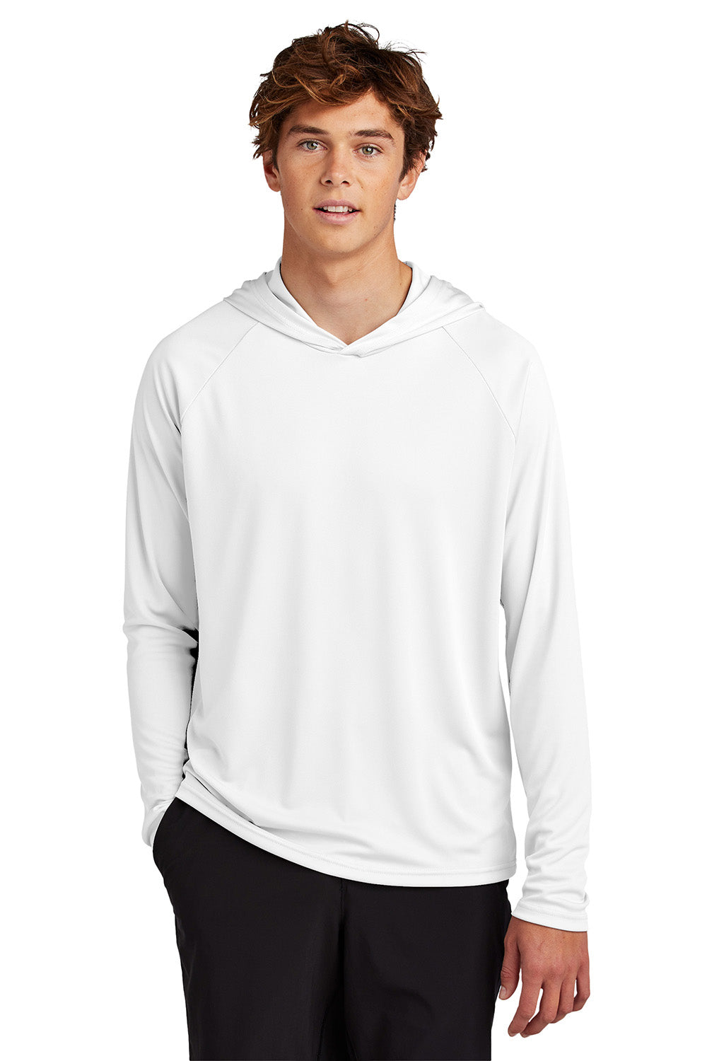 Port & Company PC380H Mens Performance Long Sleeve Hooded T-Shirt Hoodie White Model Front