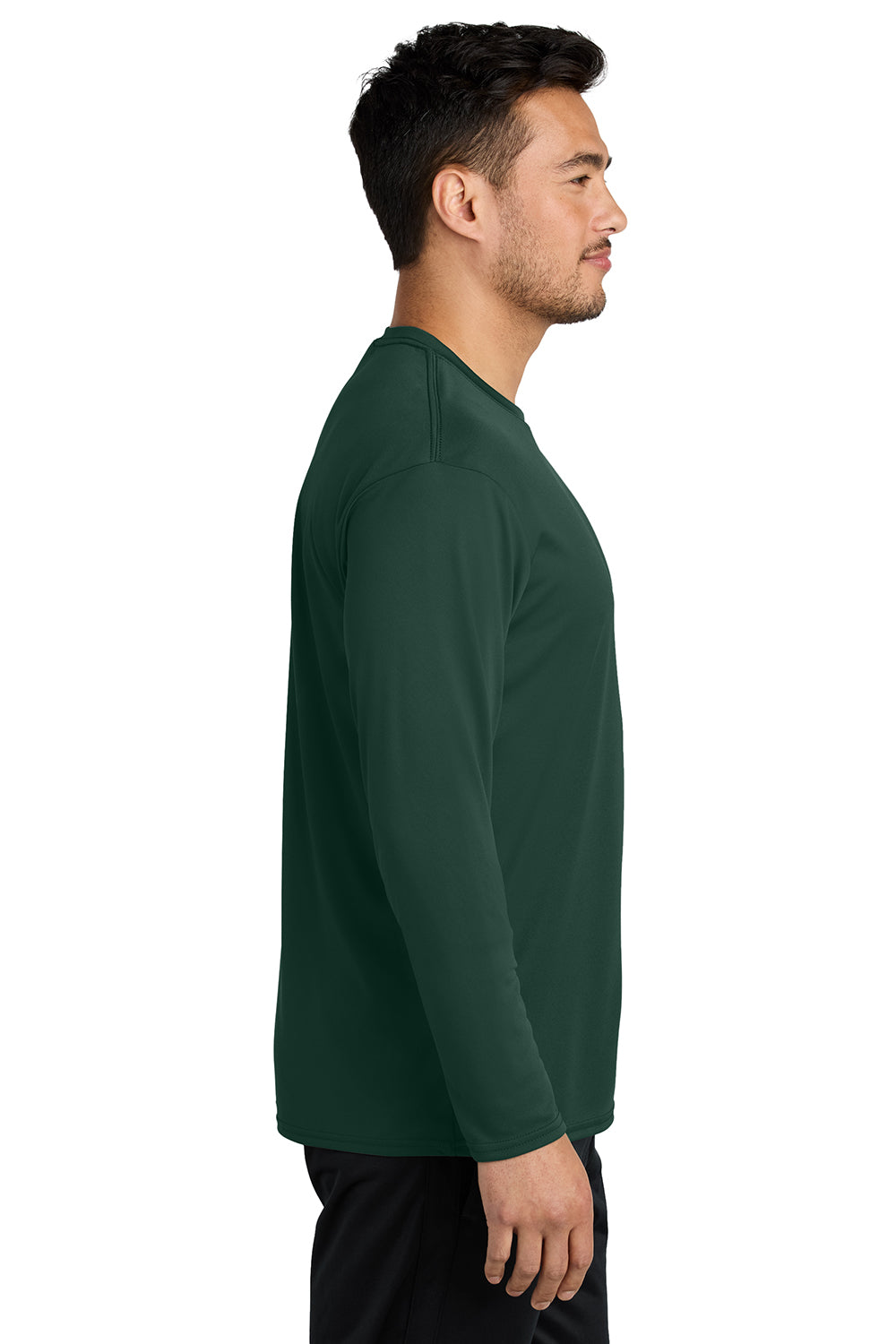 Port & Company PC380LS Mens Dry Zone Performance Moisture Wicking Long Sleeve Crewneck T-Shirt Dark Green Model Side