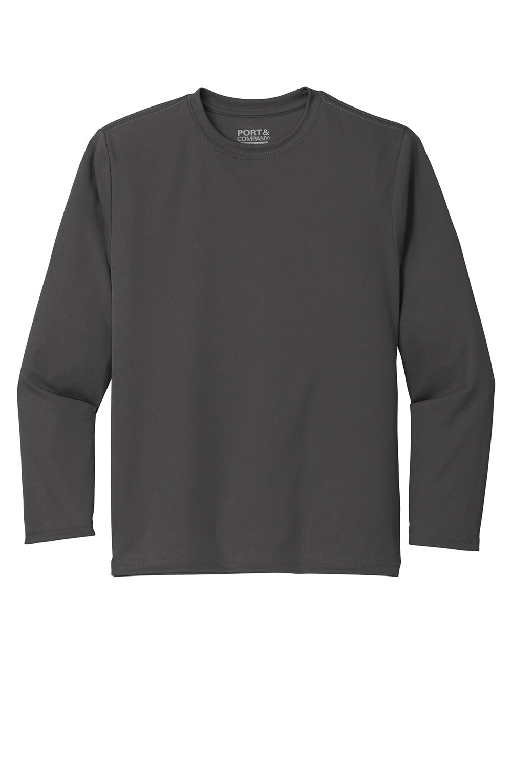 Port & Company PC380YLS Youth Dry Zone Performance Moisture Wicking Long Sleeve Crewneck T-Shirt Charcoal Grey Flat Front