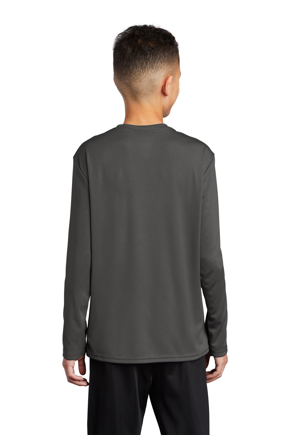 Port & Company PC380YLS Youth Dry Zone Performance Moisture Wicking Long Sleeve Crewneck T-Shirt Charcoal Grey Model Back